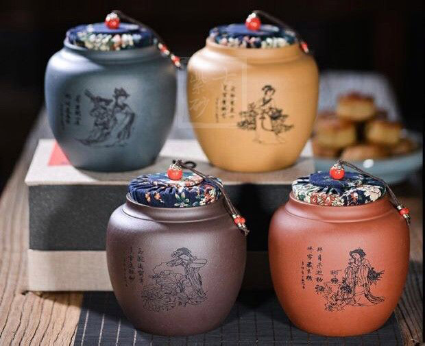 《四大美女茶葉罐》宜興紫砂壺手工紫泥，段泥，紅清水泥，天青泥茶壺具